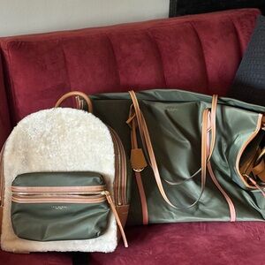 Bundle offer. Tory Burch olive green weekender with matching shearling backpack.